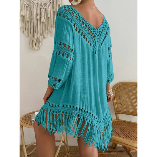 Sizes to 4XL Boho Bamboo cotton long-sleeved crochet dress with tassel decoration,