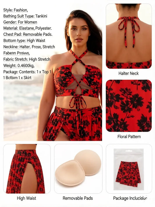 Sizes to 4XL, Red & Black Floral Tankini, 3-Piece with Skirt, Halter Neck, High Waist, Removable Padding, High Stretch Fabric