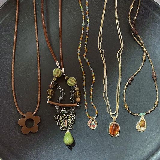 Vintage Brown Natural Stone Pendant Long Leather Cord Necklaces