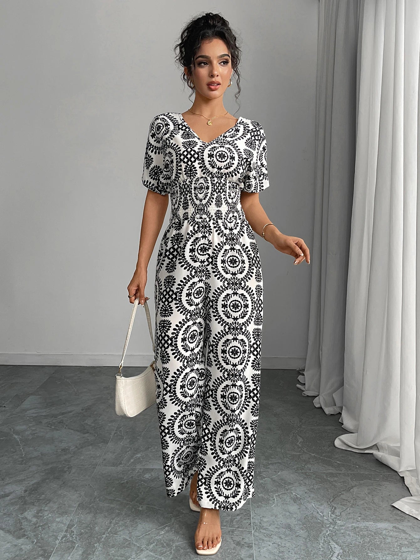 Bohemian jumpsuit short sleeves, Plunging V Neck Back with tie, Long wide legs