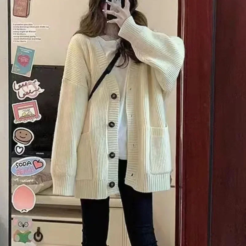 Oversized Cardigan Sweater-Coats, Long, Full Sleeves, V-Neck, Loose Fit, Button Front. comes in Tan, Gray, Off White