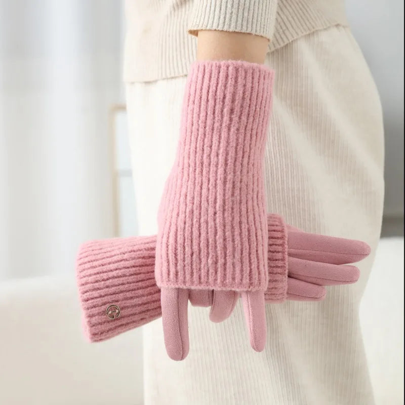 3 Ways to Wear Removable Suede Knit Gloves, Warm Touch Screen Fashion, Elegant Elasticity, Softly Thickened