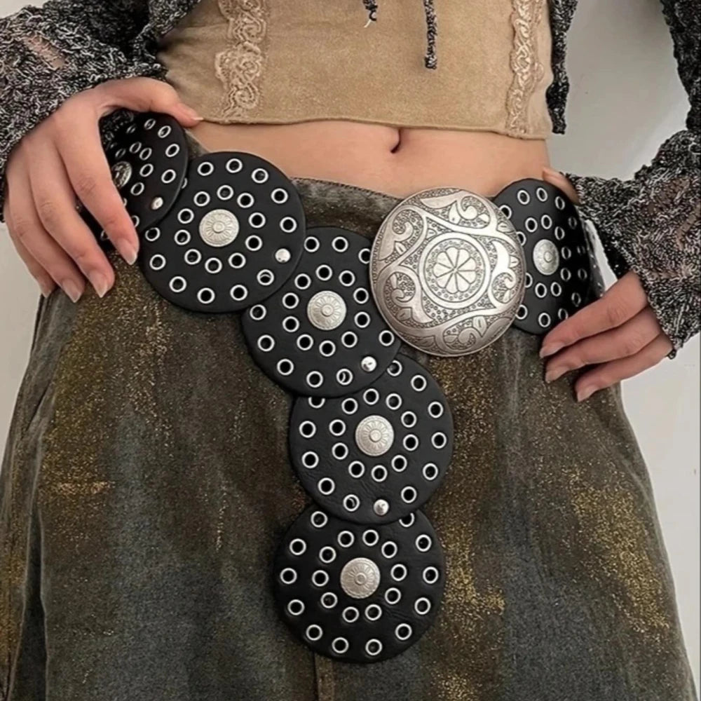 Vintage Riveted Leather Patchwork Design Wide Belt