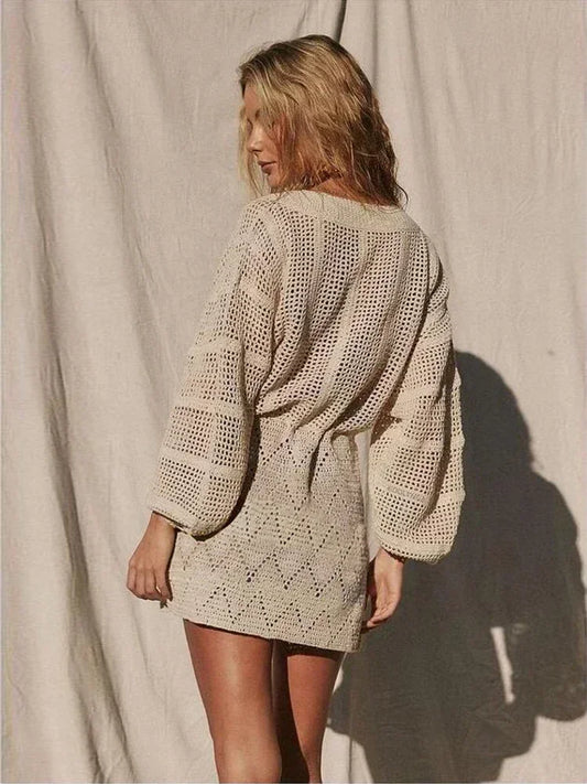 Plunging V-neck Lace-up Bell Sleeve Knit Mesh Hollow Out Beach Mini Dress Tunic