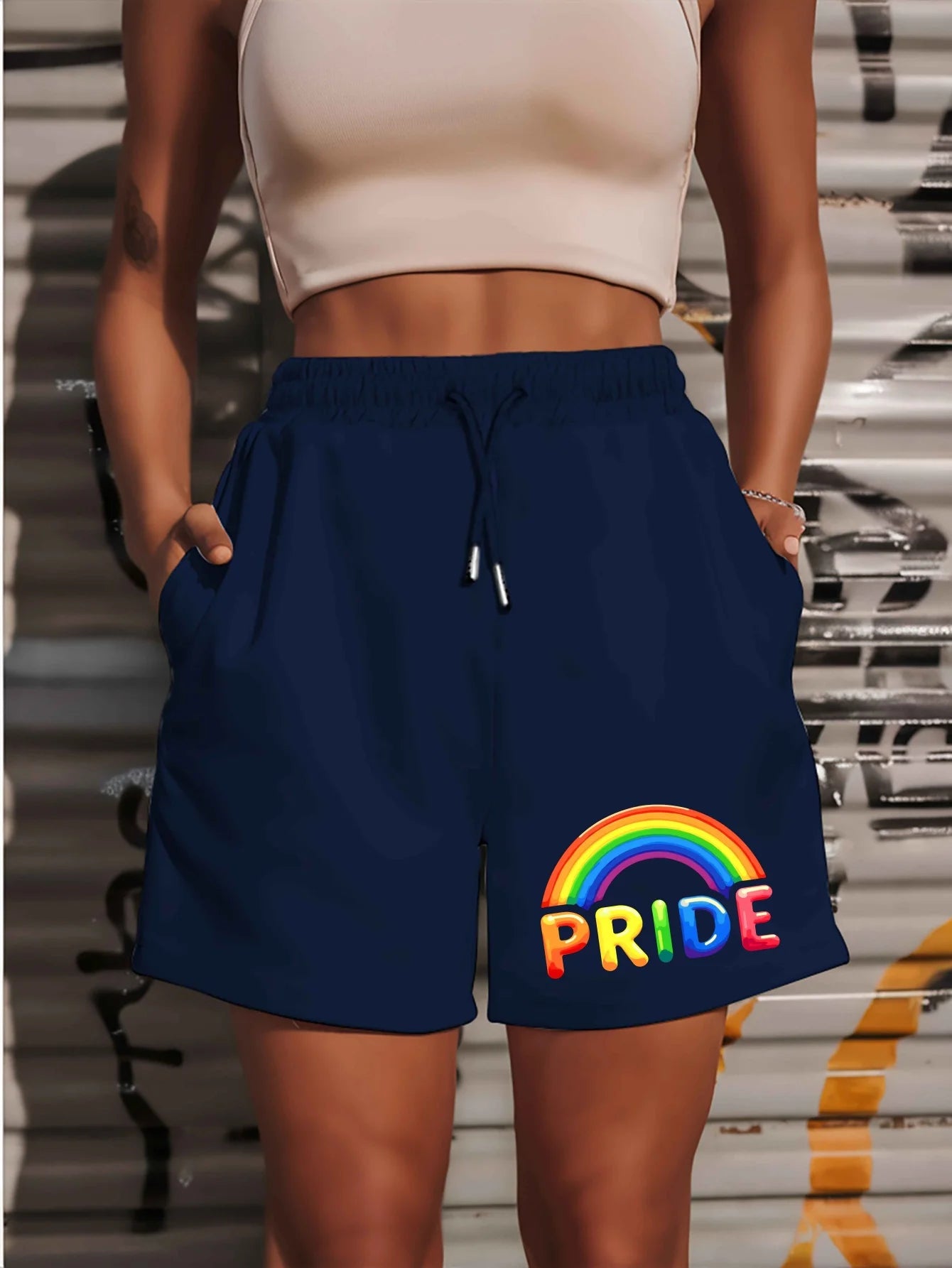 Summer Rainbow Print Shorts, Elastic Waistband with drawstring, Pockets, Sweat-Wicking and Breathable
