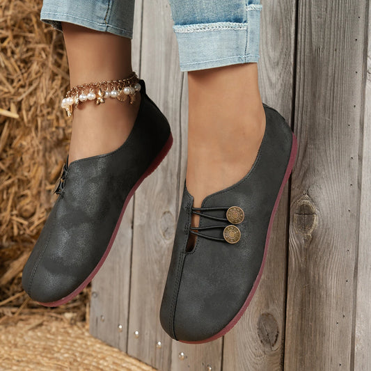 Vintage Button Flat Shoes | Soft Sole Square Toe Slip-on Loafers | Comfy Casual Walking Shoes