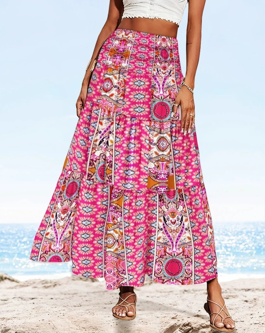 Boho Floral Print Tiered Maxi Skirt High Waist Smocked Long Skirt