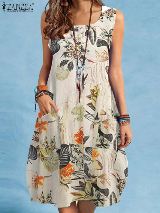 Sizes to 5XL Bohemian Vintage Floral Printed Sundress, Sleeveless, Knee-length, Round Neckline, Pockets