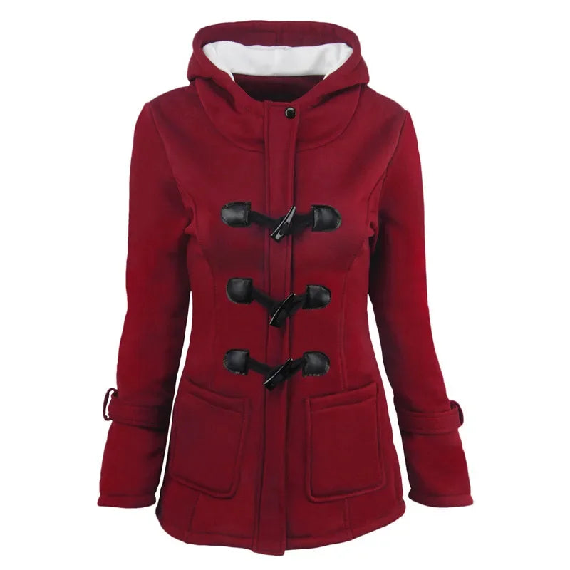 Hooded Women's Overcoat, Zipper Closure with Button Decorations and Pockets