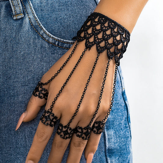 Creative Vintage Black Lace Finger Wrist Chain Rings, Bracelets for Connecting Hand Harness