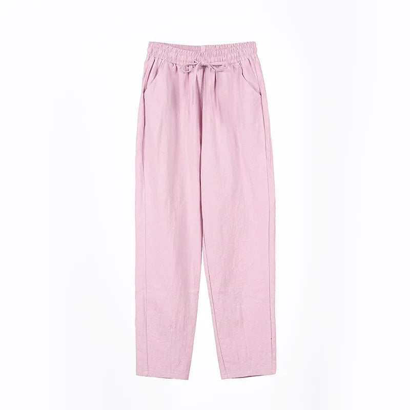 Cotton Linen Blend in 5 Different Solid Colors, Elastic Waist with Tie