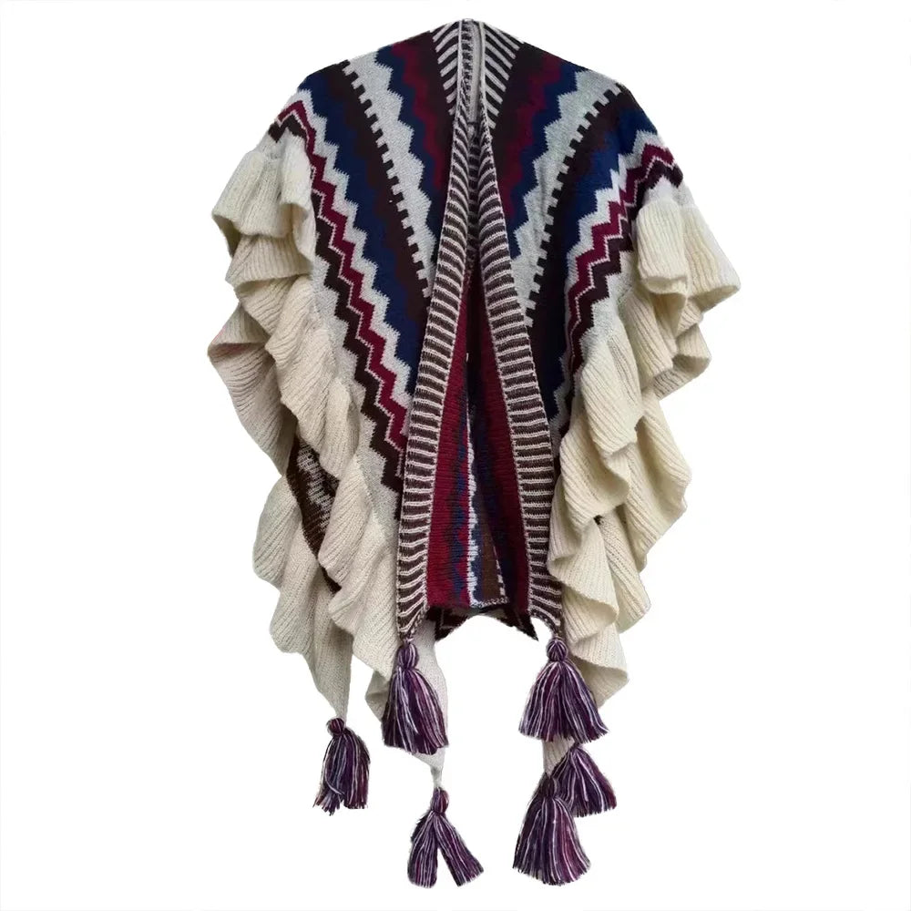 Vintage Bohemian Chic Capes Boho Ruffles Knitted Ethnic Design with Tassels