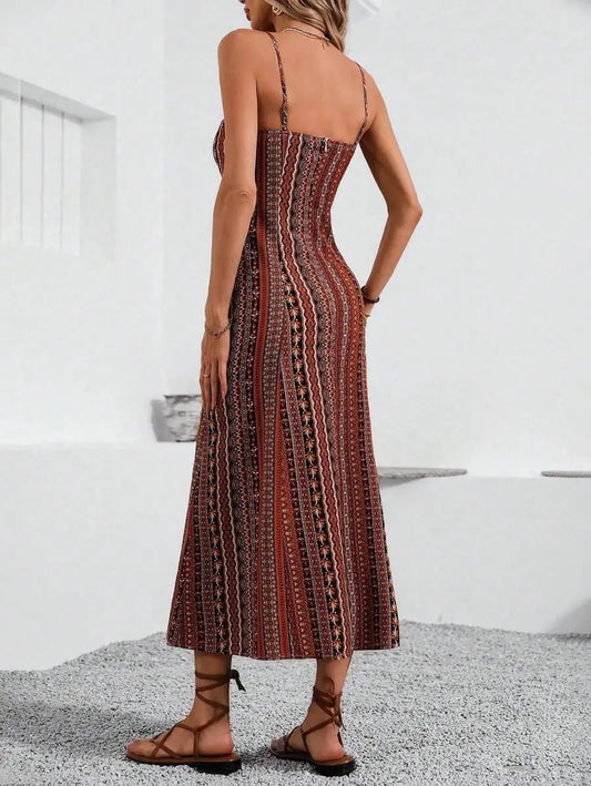 Boho Print Spaghetti Strap Maxi Dress with High Side Slit Sizes to XL
