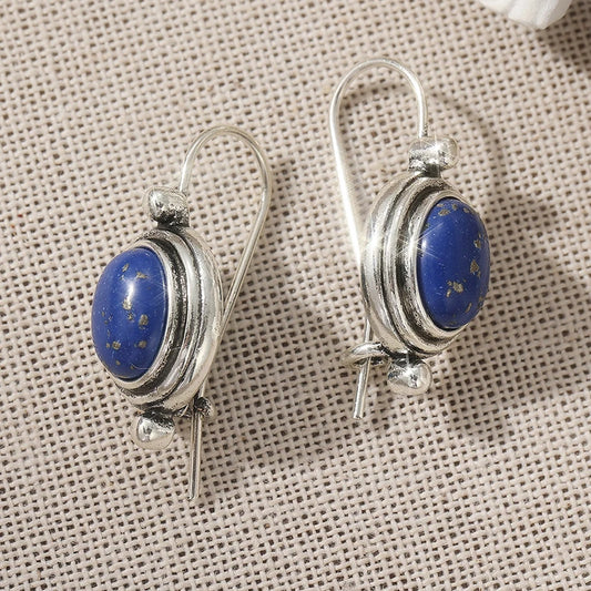 Vintage Silver Color Oval Inlaid Stone Pendant Earrings