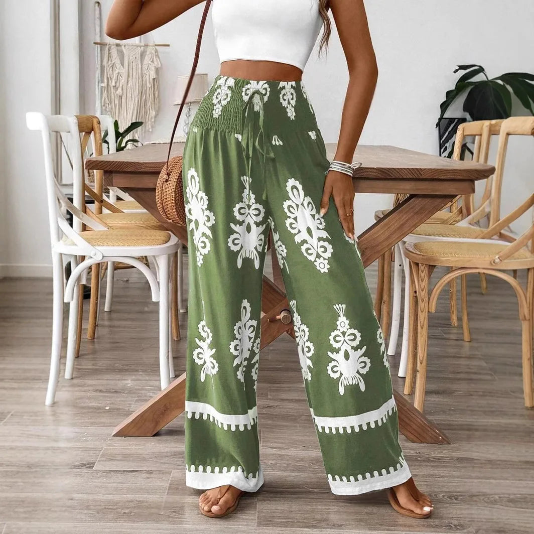 Bohemian Wide Leg Pants, Tall Elastic Waist, Casual, Comfortable