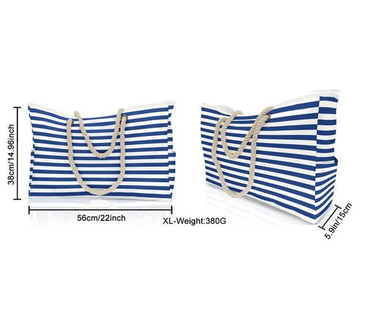 Waterproof, Striped Zipper Bag, Sand-Resistant Canvas, Convenient Folding Beach Bag 