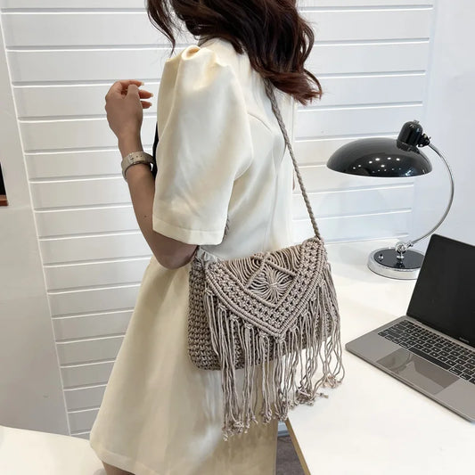 Cotton Woven Crossbody Bags Small Tassel Handbag Messenger Bags