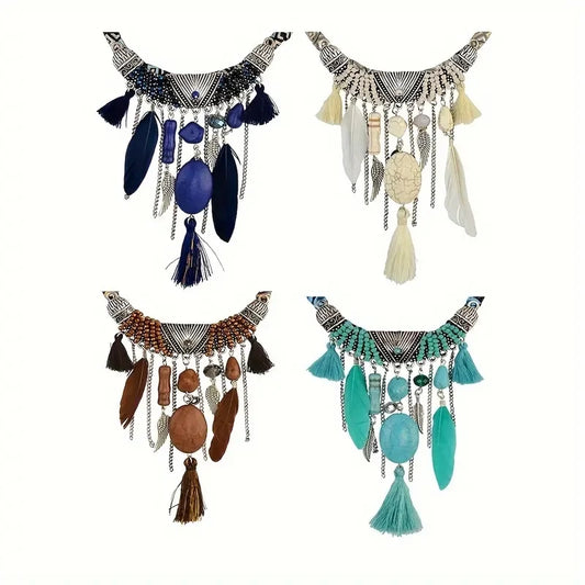 Vintage Ethnic Chic Turquoise Feather Pendant Necklace Bohemian Necklaces in a variety of colors