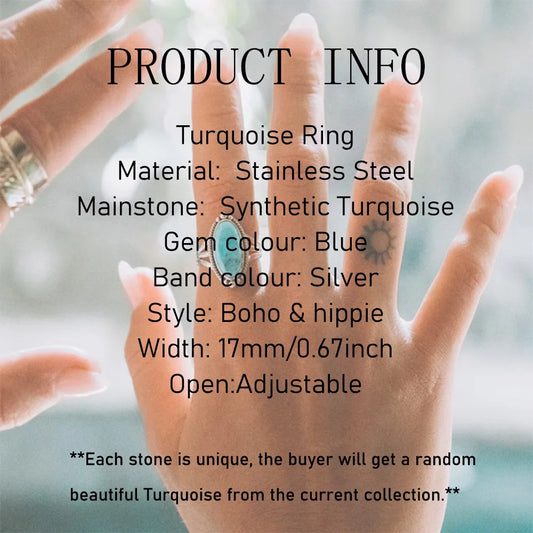 1pc Boho Turquoise Ring Stainless Steel Light Blue Gemstone Silver Adjustable Ring