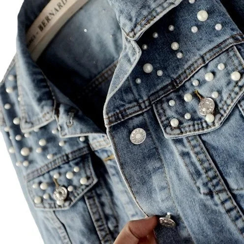To Sizes 5XL Versatile Pearl Cropped Denim Jacket Loose Fit