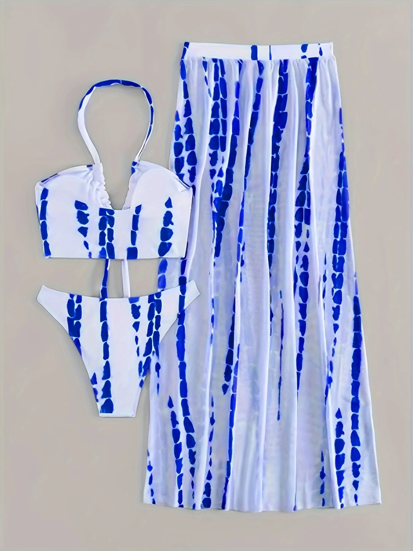 Boho Chic Two-Piece Tye Dye Swimsuit + Maxi Skirt Set Colors Red, Black, and Blue