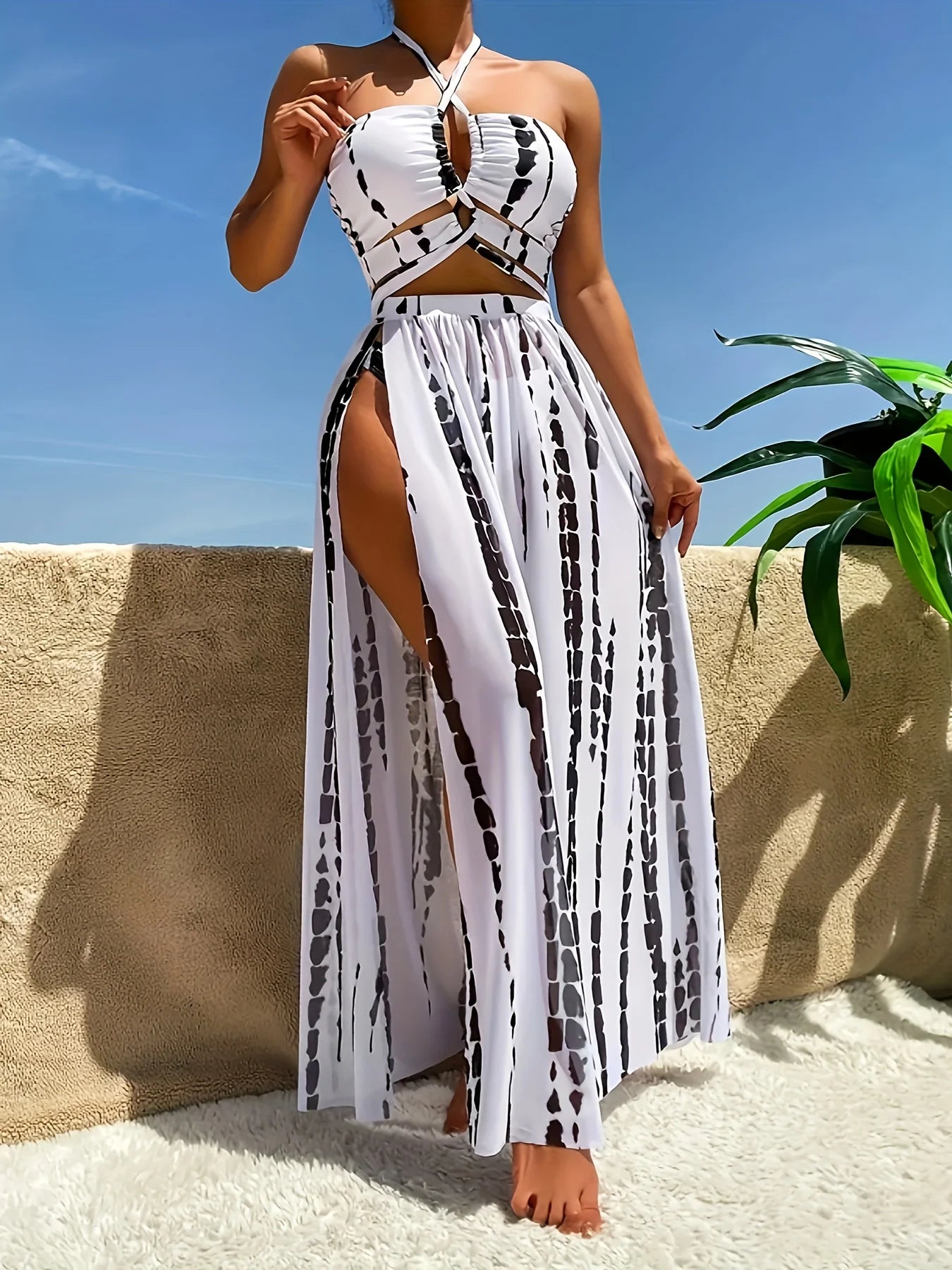 Boho Chic Two-Piece Tye Dye Swimsuit + Maxi Skirt Set Colors Red, Black, and Blue