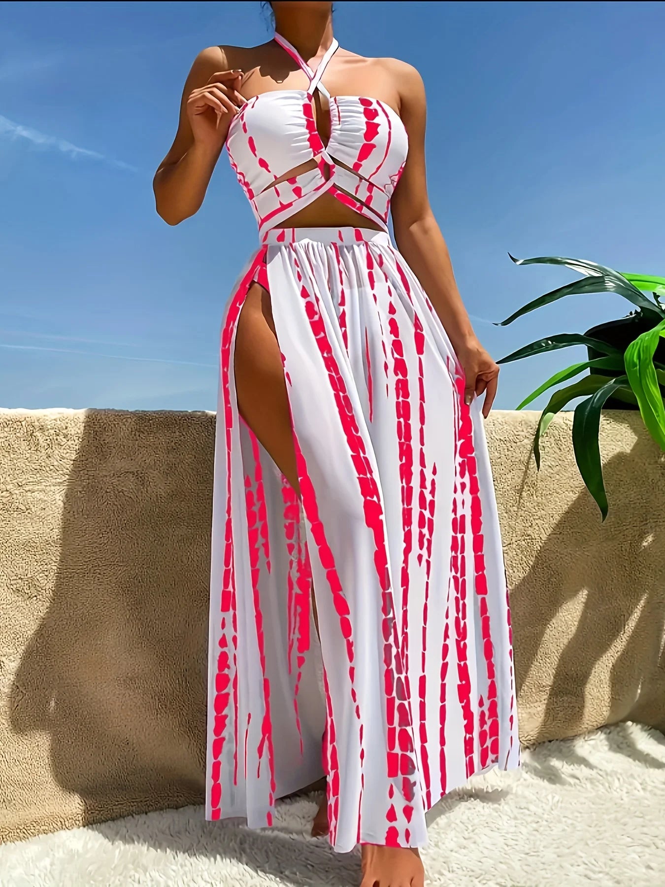 Boho Chic Two-Piece Tye Dye Swimsuit + Maxi Skirt Set Colors Red, Black, and Blue