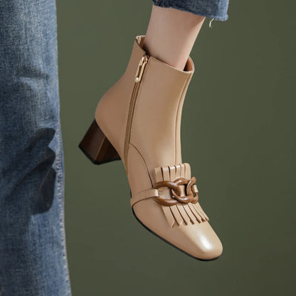 Winter Ankle Boots Square Toe Genuine Leather, Fringe topped with 3 Circles in Black or Tan. Side Zipper