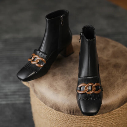 Winter Ankle Boots Square Toe Genuine Leather, Fringe topped with 3 Circles in Black or Tan. Side Zipper