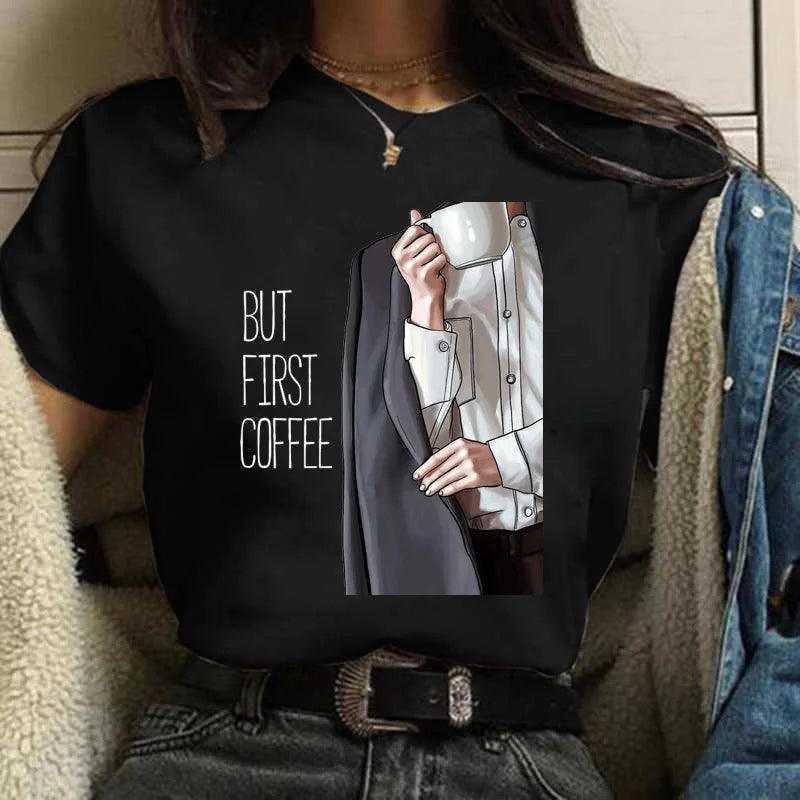 Sizes to 3XXL T-shirts Casual Round Neck Short Top short Sleeves  Logo  "Have a Nice Day" or "But First, Coffee"
