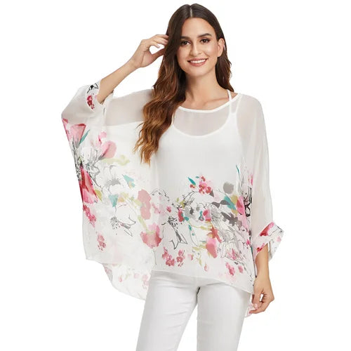 50 patterns to choose from, Plus Size, Boho Batwing Casual Sheer Chiffon Summer Top