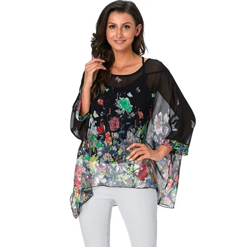 50 patterns to choose from, Plus Size, Boho Batwing Casual Sheer Chiffon Summer Top
