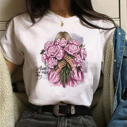 Sizes to 3XXL T-shirts Casual Round Neck Short Top short Sleeves  Logo  "Have a Nice Day" or "But First, Coffee"