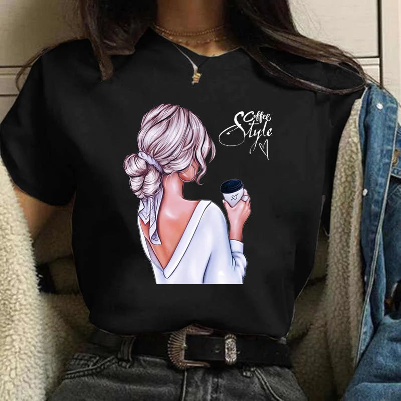 Sizes to 3XXL T-shirts Casual Round Neck Short Top short Sleeves  Logo  "Have a Nice Day" or "But First, Coffee"