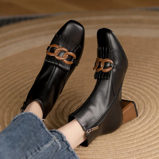 Winter Ankle Boots Square Toe Genuine Leather, Fringe topped with 3 Circles in Black or Tan. Side Zipper