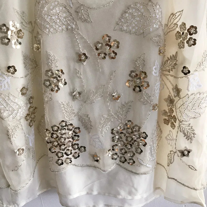 Floral Beaded Loose Sleeveless Tank Top U-Neck Flowers Embroidered Sequined Chiffon Gauze Tank Tops