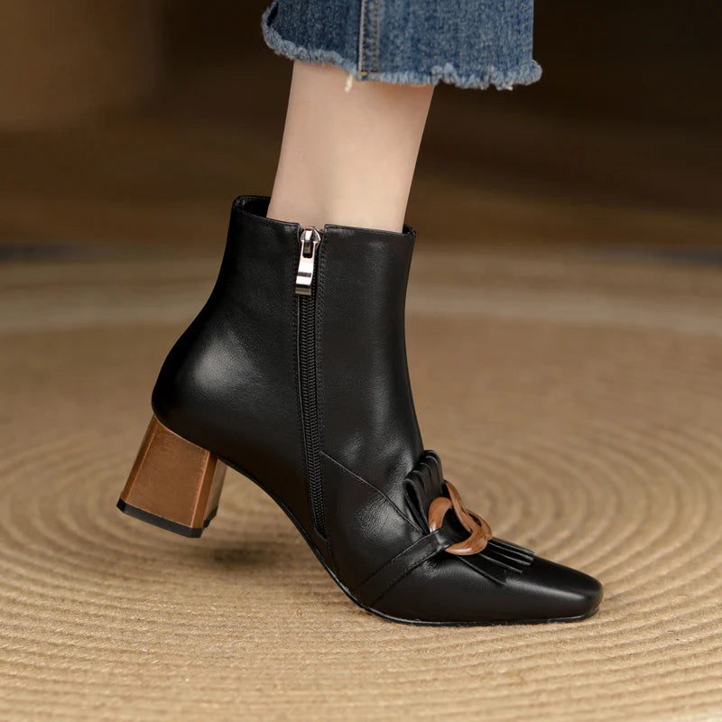 Winter Ankle Boots Square Toe Genuine Leather, Fringe topped with 3 Circles in Black or Tan. Side Zipper