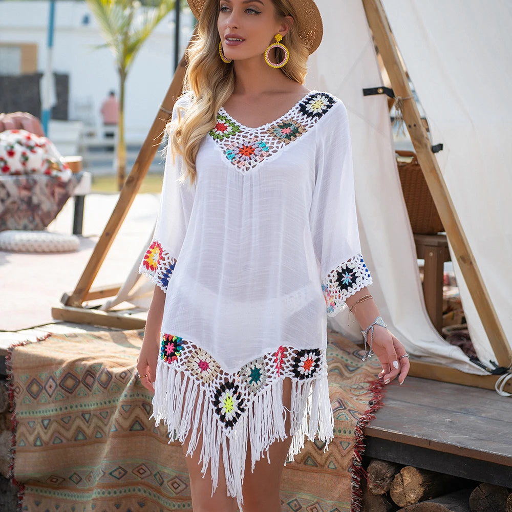 CROCHET WHITE BIKINI White Bikini Cover Up With Fringe and Native American Design