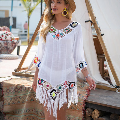 CROCHET WHITE BIKINI White Bikini Cover Up With Fringe and Native American Design