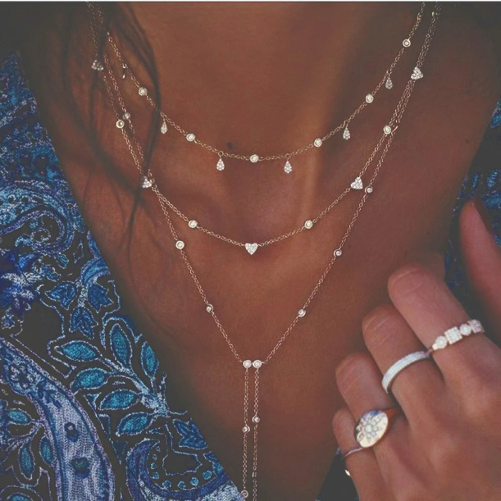 Vintage Crystal  Star Moon Layered Necklace Boho Multi-level Necklaces