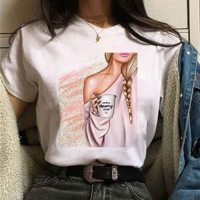 Sizes to 3XXL T-shirts Casual Round Neck Short Top short Sleeves  Logo  "Have a Nice Day" or "But First, Coffee"
