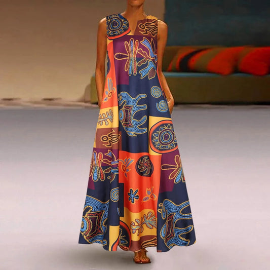 Sizes to 5XL, Vintage Bohemian Sundress, Sleeveless, Floral Print Maxi Long Casual Dresses, 6 designs