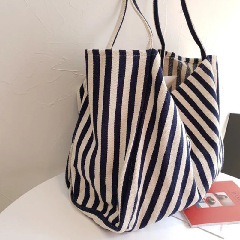 Large Capacity Canvas Shopper Tote Simple Striped Shoulder Bag Multifunctional
