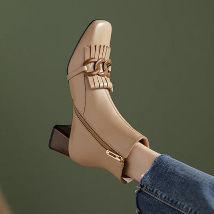 Winter Ankle Boots Square Toe Genuine Leather, Fringe topped with 3 Circles in Black or Tan. Side Zipper