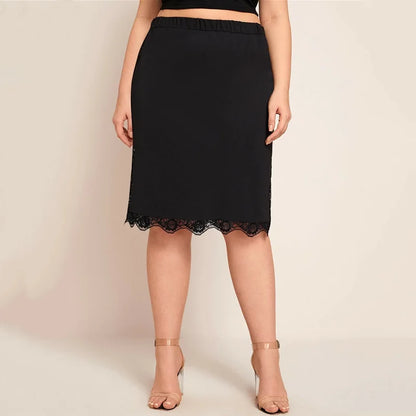 Plus Sizes to 8XL!!!    Elastic Waist, Elegant Bodycon Skirt with Lace Trim, Black Business Casual Midi Skirt
