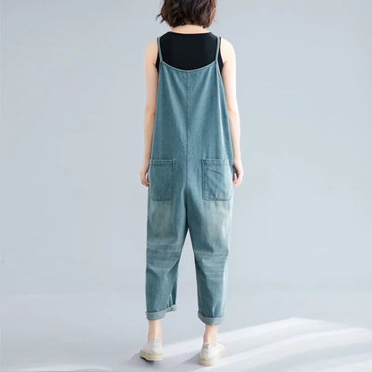Sizes to 2XL Distressed Denim Jumpsuit, Loose Bibbed Overalls with Spaghetti Straps and Pockets