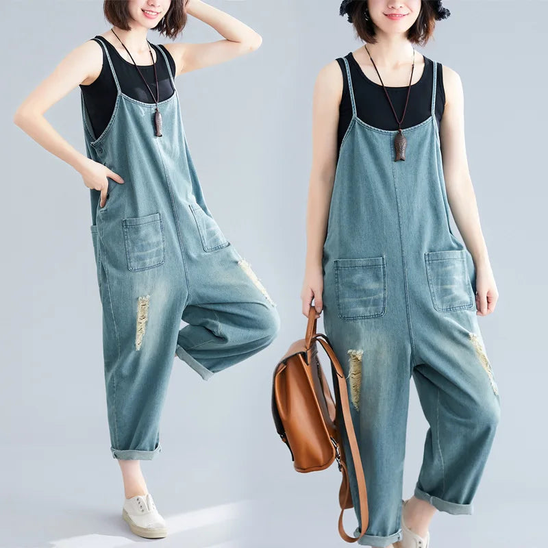 Sizes to 2XL Distressed Denim Jumpsuit, Loose Bibbed Overalls with Spaghetti Straps and Pockets