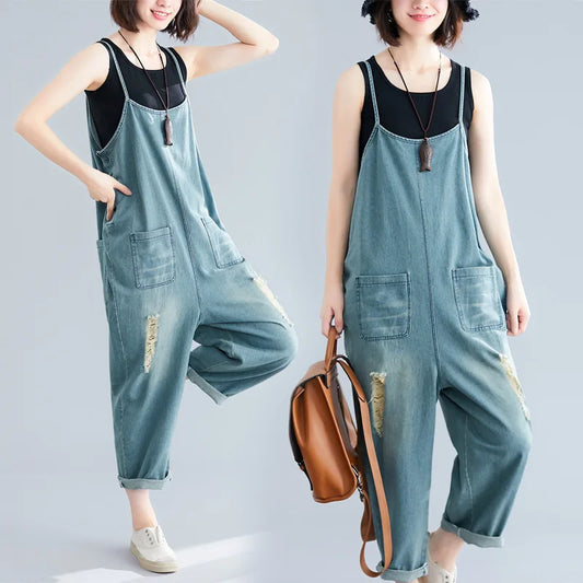 Sizes to 2XL Distressed Denim Jumpsuit, Loose Bibbed Overalls with Spaghetti Straps and Pockets