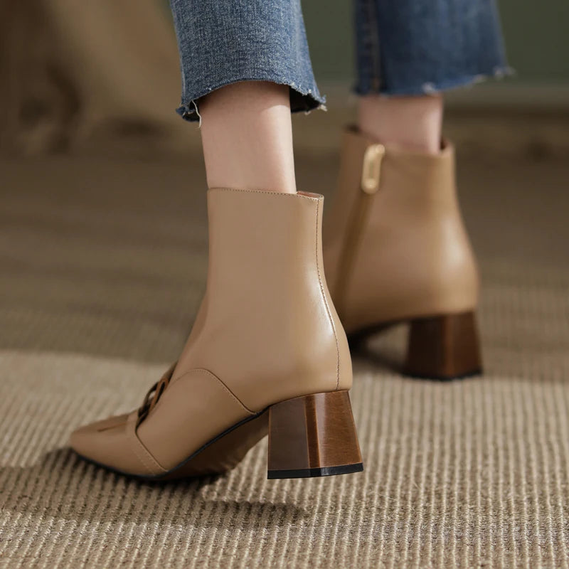 Winter Ankle Boots Square Toe Genuine Leather, Fringe topped with 3 Circles in Black or Tan. Side Zipper