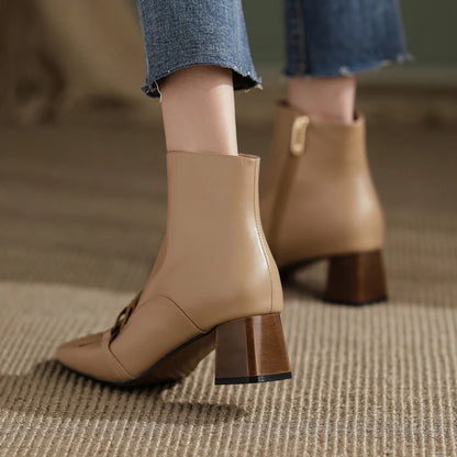 Winter Ankle Boots Square Toe Genuine Leather, Fringe topped with 3 Circles in Black or Tan. Side Zipper